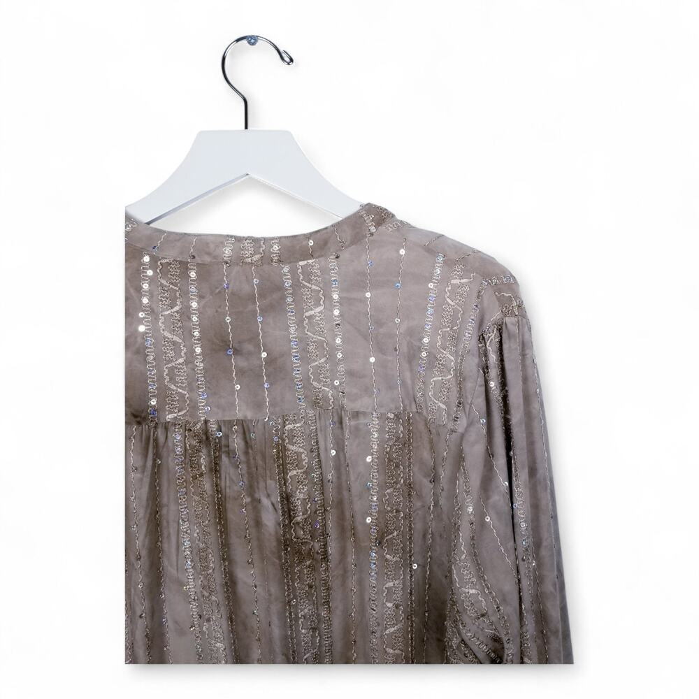 Cocomo V-neck Sequin Tan Tie-Dye Roll-Tab Sleeves Shirt - Size XL - Picture 5 of 6